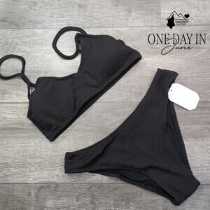 Soly Hux Smocked Textured Crop Bikini Swimsuit Black 2 Piece NWT Size S